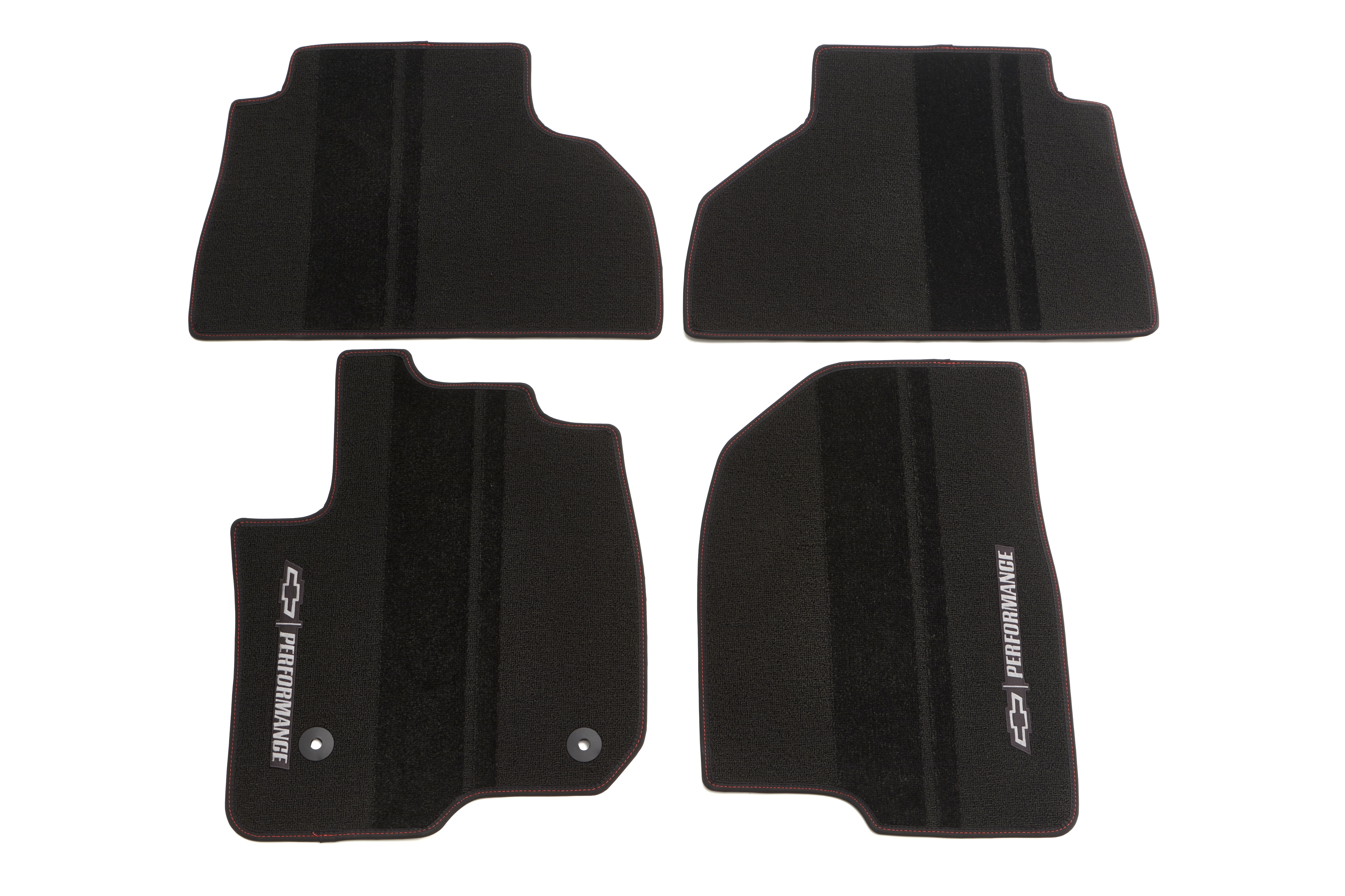 Double Cab First- and Second-Row Premium Carpeted Floor Mats in Black with Red Stitch, Bowtie and Chevrolet Performance Script