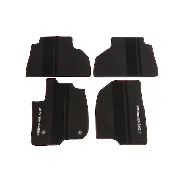 Double Cab First- and Second-Row Premium Carpeted Floor Mats in Black with Red Stitch, Bowtie and Chevrolet Performance Script