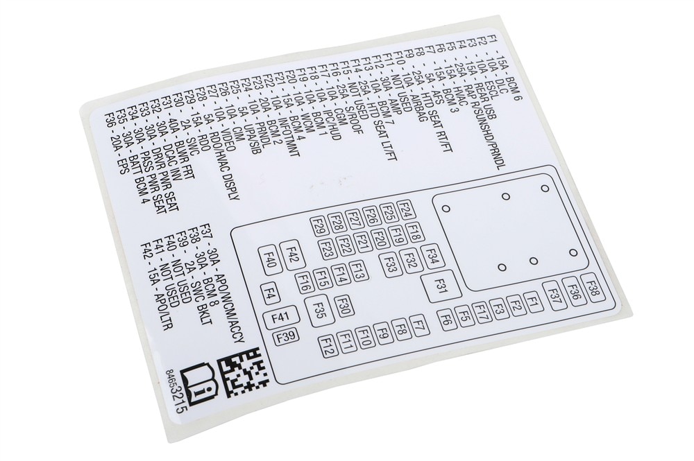 GM Genuine Parts Instrument Panel Wiring Harness Fuse Block Identification Label