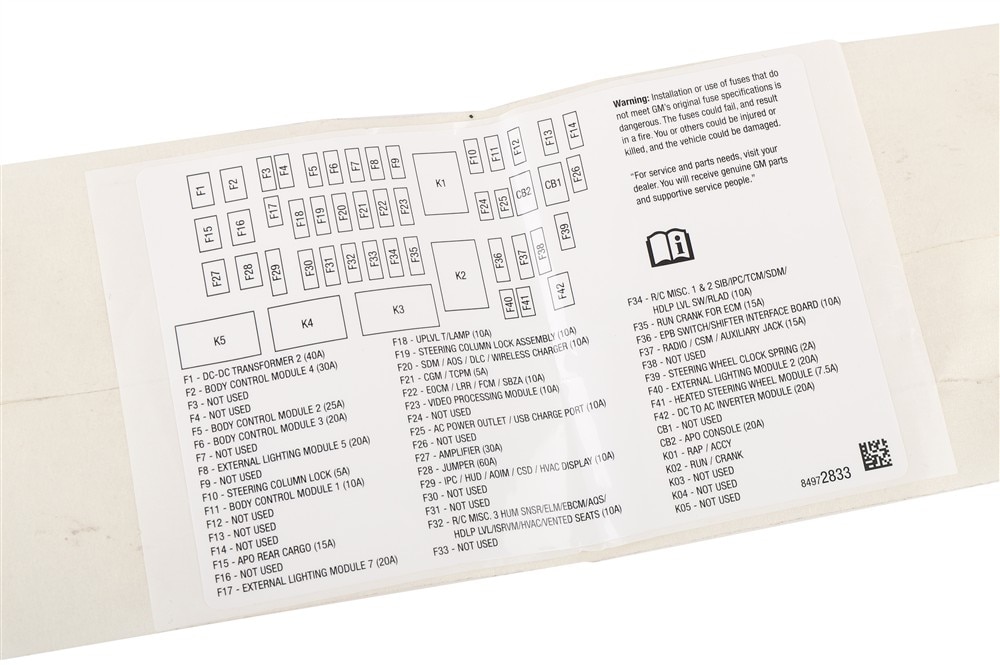 GM Genuine Parts Instrument Panel Wiring Harness Fuse Block Identification Label
