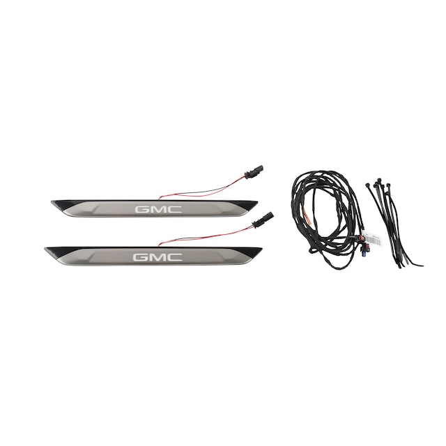 Illuminated Front Door Sill Plates in Stainless Steel with GMC Logo