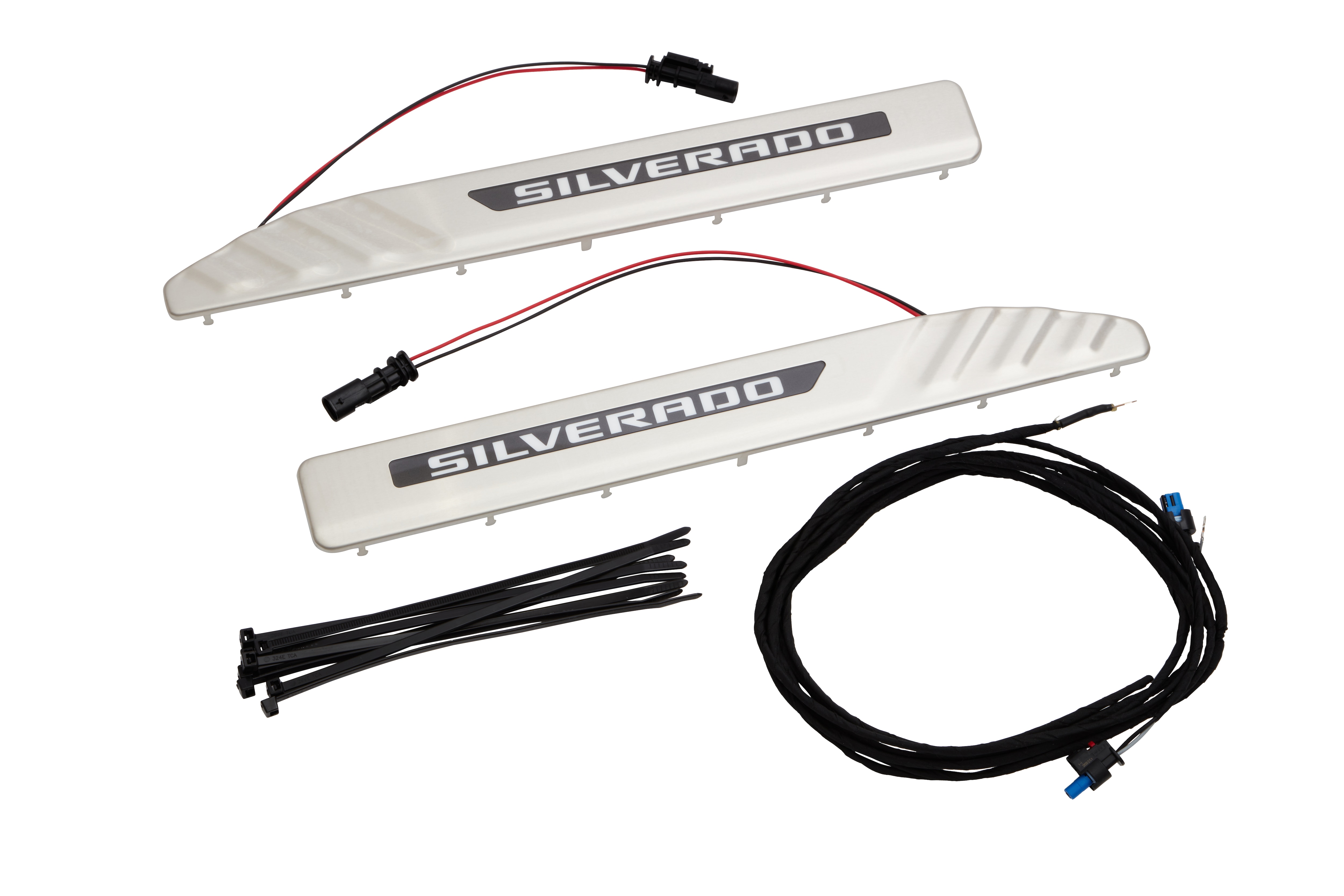 Illuminated Front Door Sill Plates in Stainless Steel with Silverado Script/