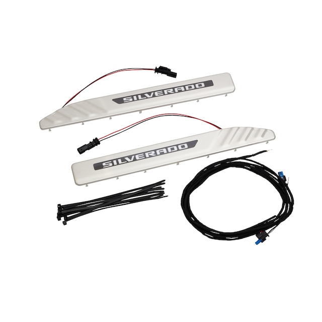 Illuminated Front Door Sill Plates in Stainless Steel with Silverado Script