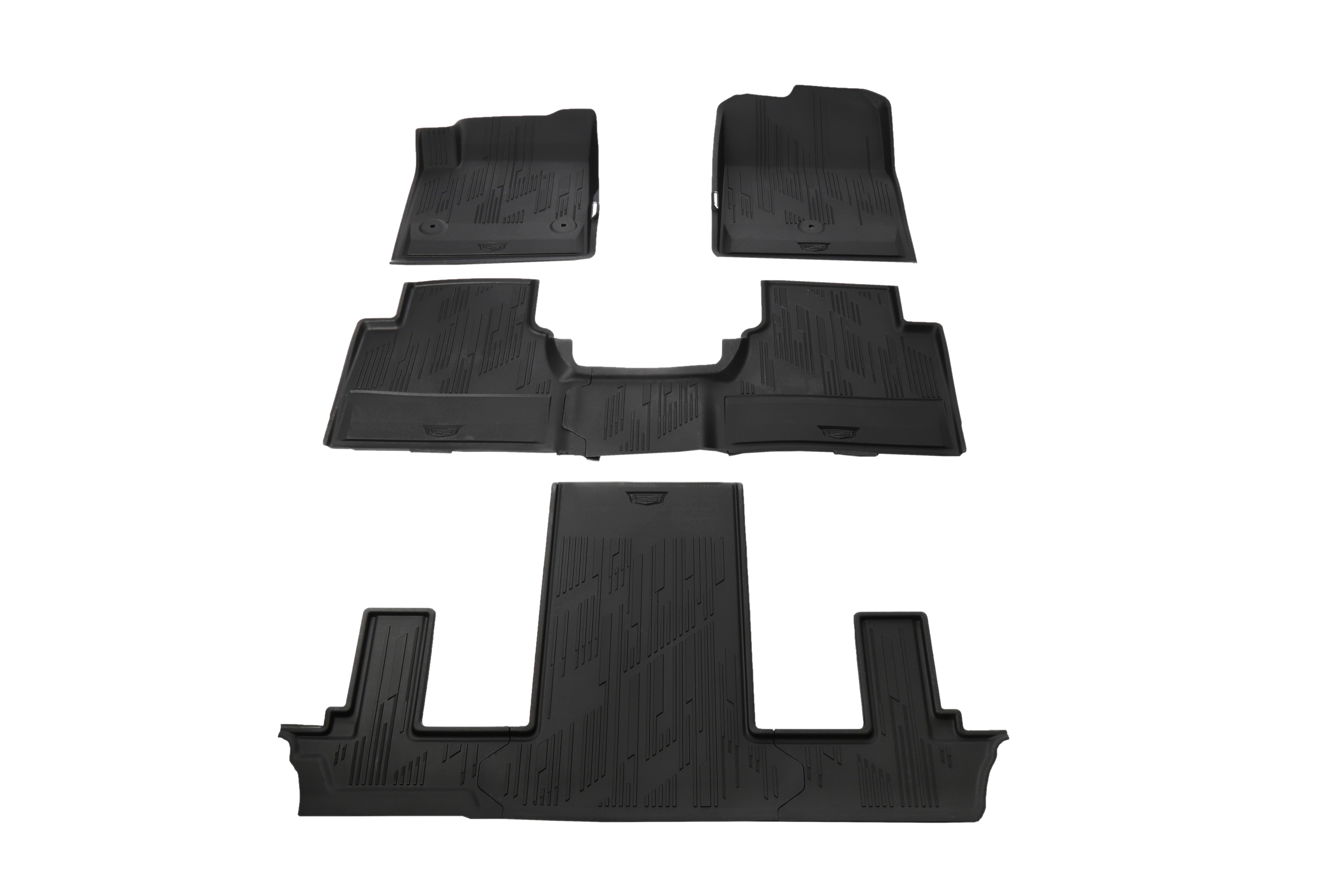 First-, Second- and Third-Row Premium All-Weather Floor Liners in Backen Black with Cadillac Logo (for Models with Second-Row Captain's Chairs)