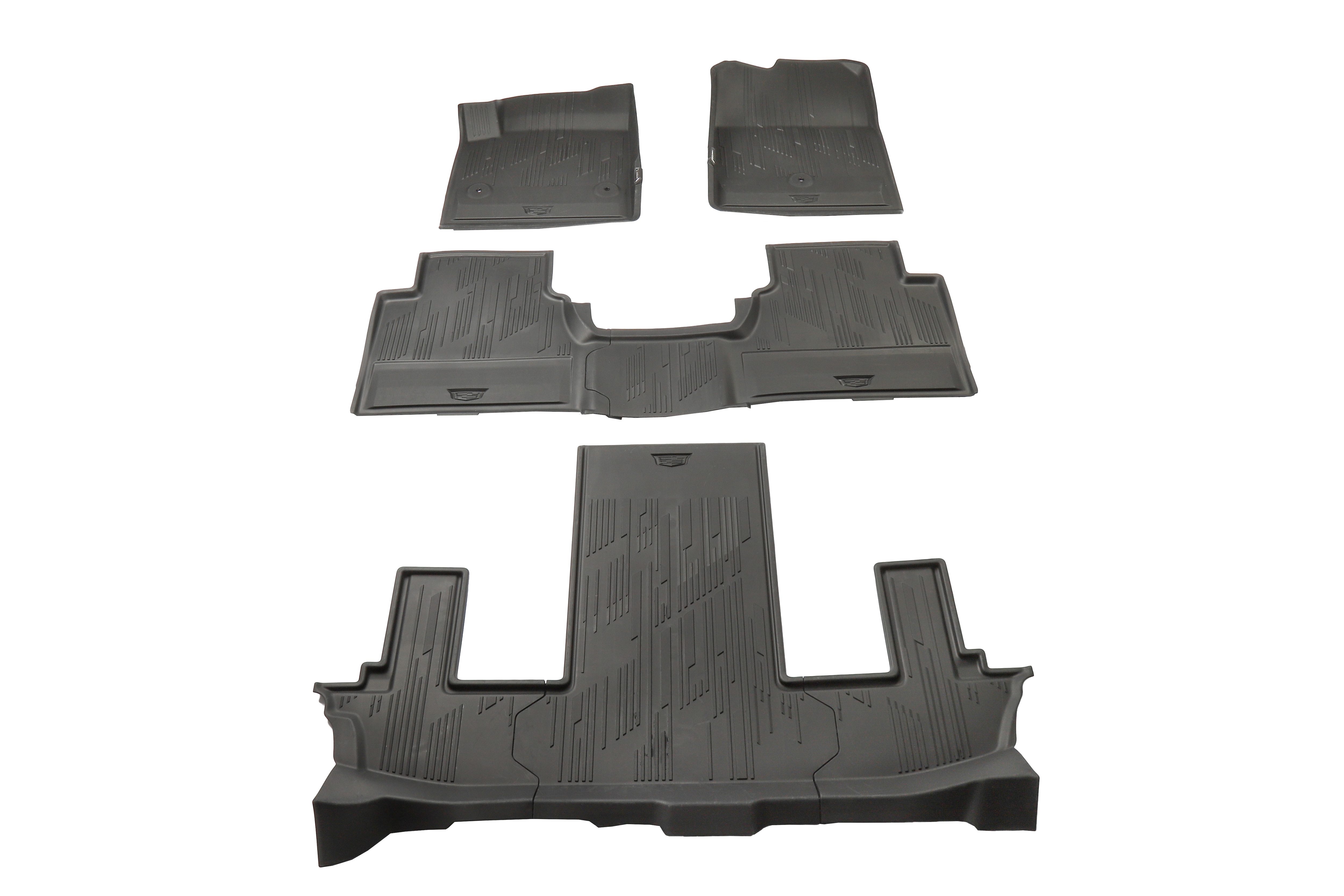 First-, Second- and Third-Row Premium All-Weather Floor Liners in Backen Black with Cadillac Logo (for Models with Second-Row Captain's Chairs)