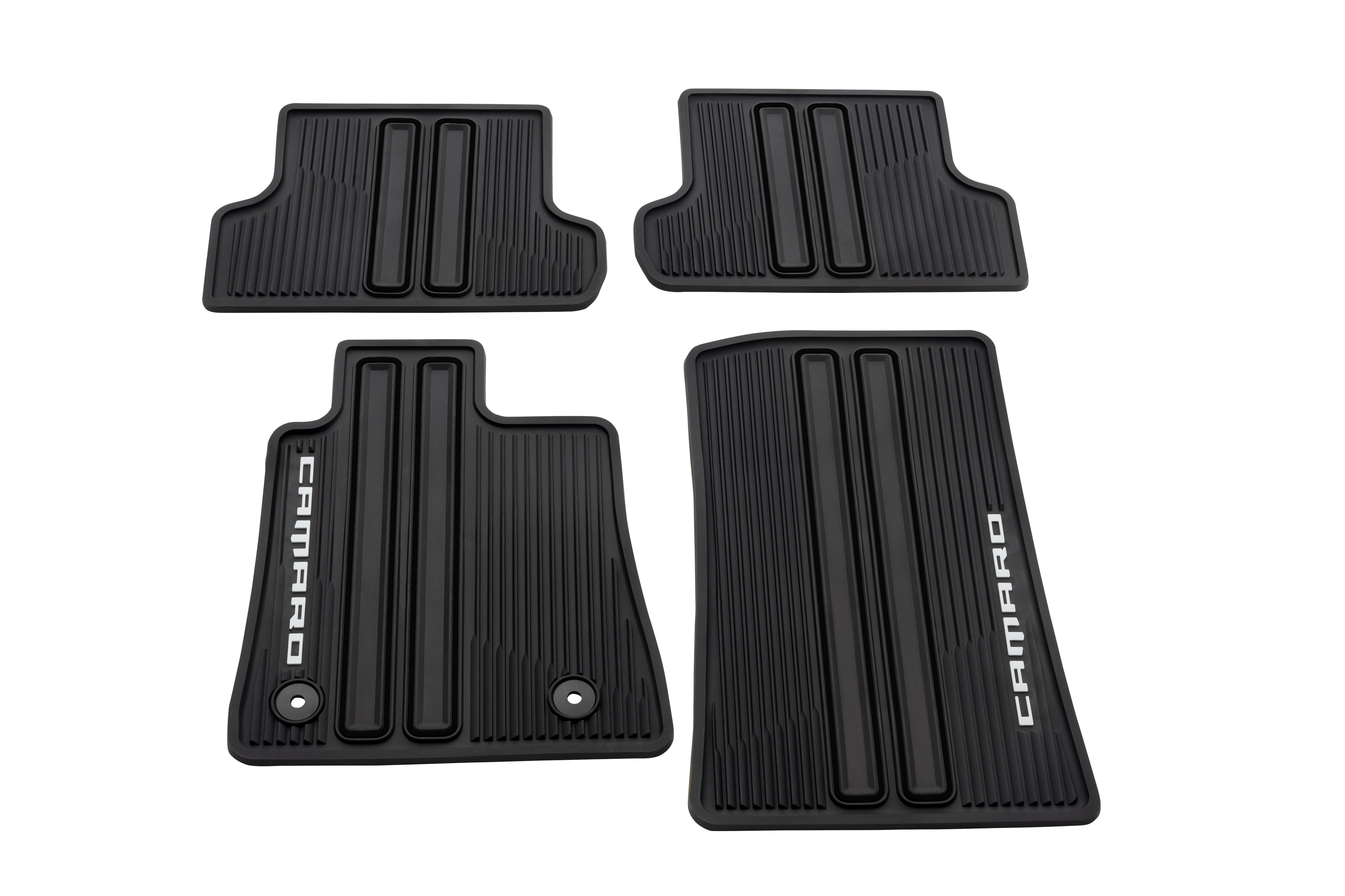 First- and Second-Row Premium All-Weather Floor Mats in Jet Black with Camaro Script