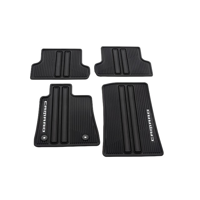 First- and Second-Row Premium All-Weather Floor Mats in Jet Black with Camaro Script