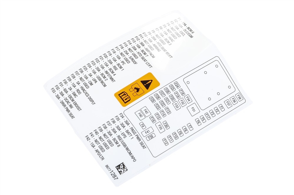 GM Genuine Parts Instrument Panel Wiring Harness Fuse Block Identification Label