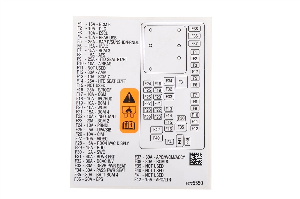 GM Genuine Parts Instrument Panel Wiring Harness Fuse Block Identification Label