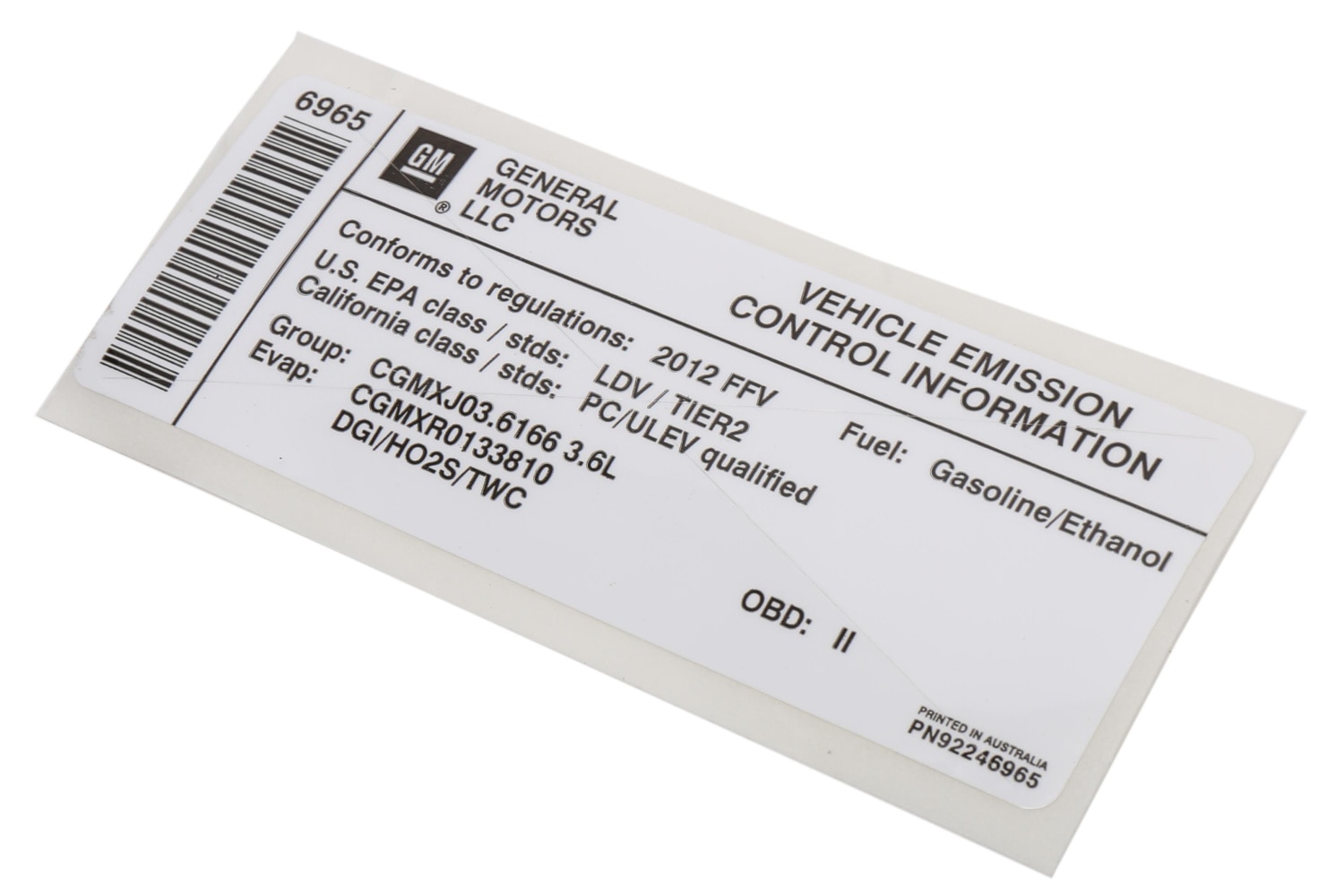 GM Genuine Parts Vehicle Emission Control Information Label
