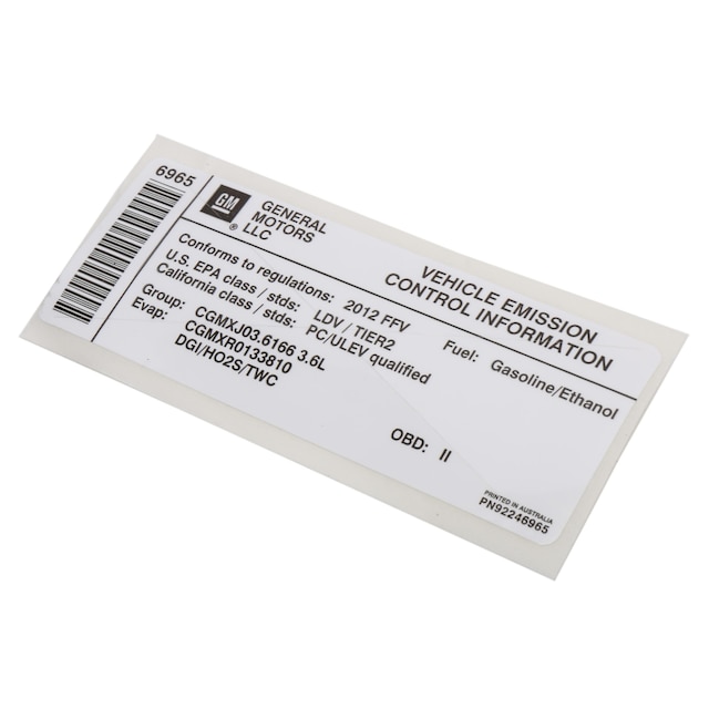 GM Genuine Parts Vehicle Emission Control Information Label