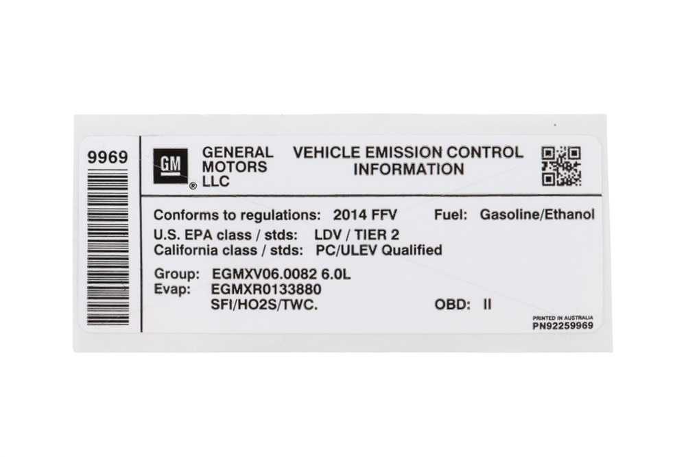 GM Genuine Parts Vehicle Emission Control Information Label