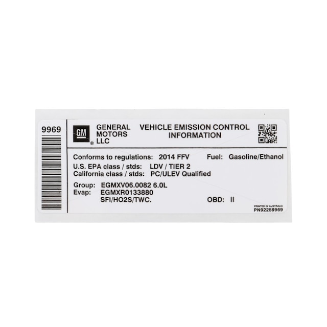 GM Genuine Parts Vehicle Emission Control Information Label